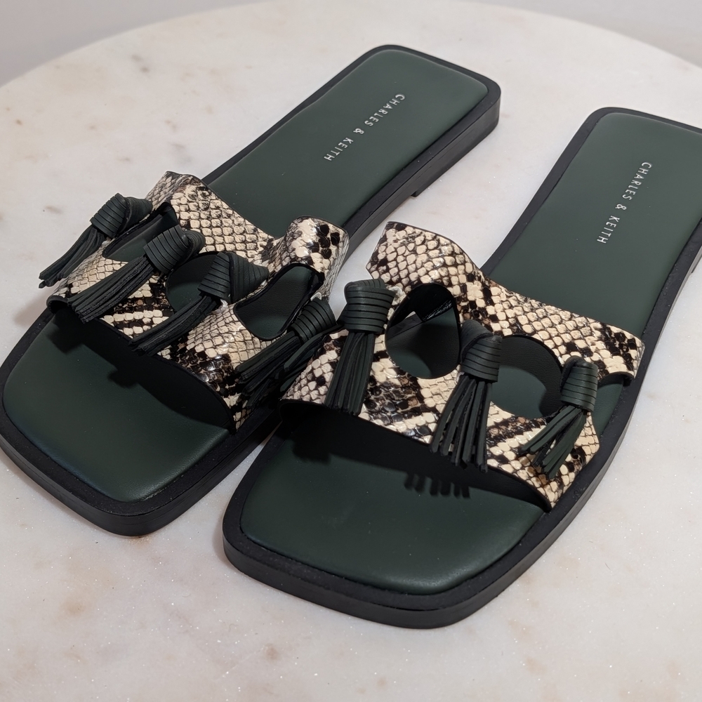 Charles & Keith Black and Cream Slide Sandals